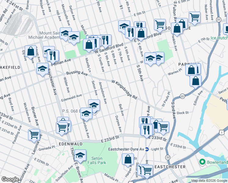 map of restaurants, bars, coffee shops, grocery stores, and more near 12 Bell Avenue in Mount Vernon