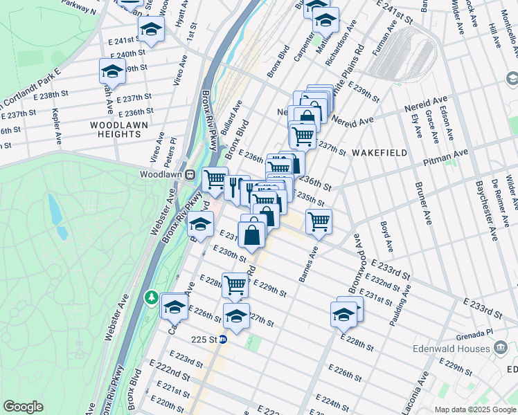 map of restaurants, bars, coffee shops, grocery stores, and more near 658 East 234th Street in The Bronx