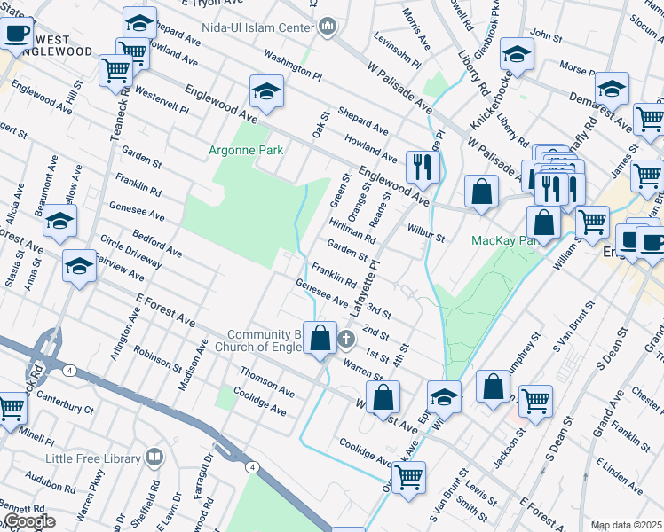 map of restaurants, bars, coffee shops, grocery stores, and more near 280 Garden Street in Englewood