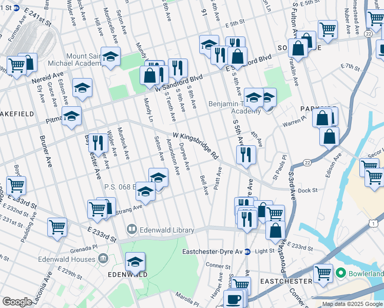 map of restaurants, bars, coffee shops, grocery stores, and more near 30 Bell Avenue in Mount Vernon
