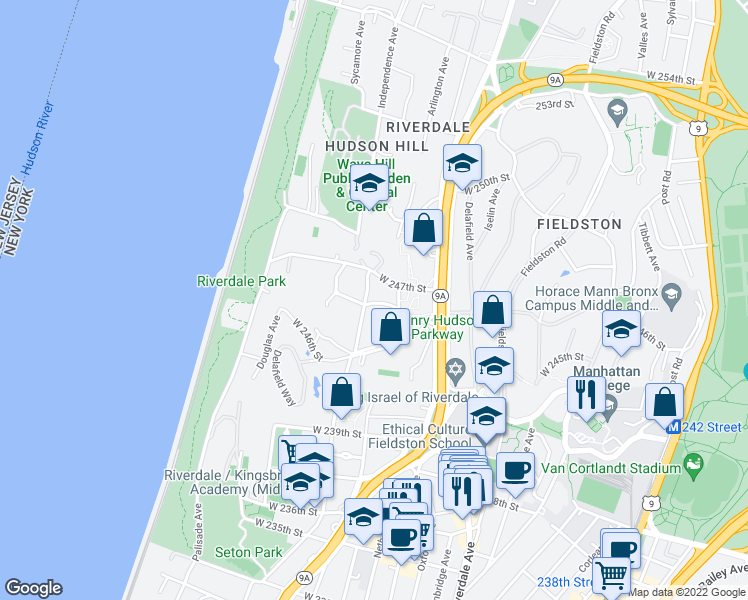 map of restaurants, bars, coffee shops, grocery stores, and more near 4670 Independence Ave in Bronx