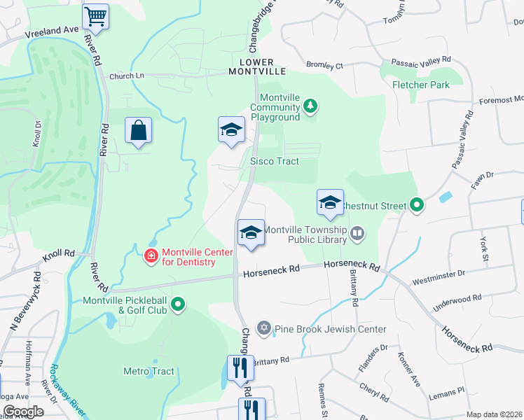 map of restaurants, bars, coffee shops, grocery stores, and more near 136 Changebridge Road in Montville