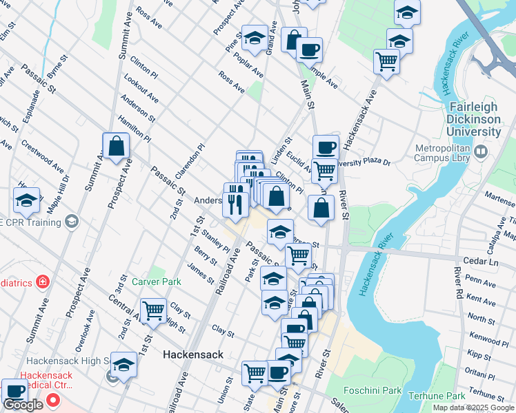 map of restaurants, bars, coffee shops, grocery stores, and more near 89 Maple Avenue in Hackensack