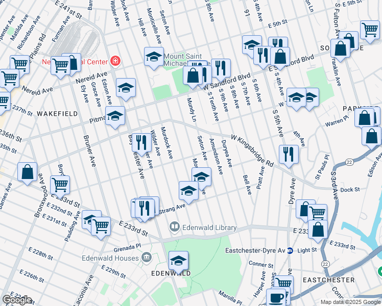 map of restaurants, bars, coffee shops, grocery stores, and more near 4117 Seton Avenue in Bronx