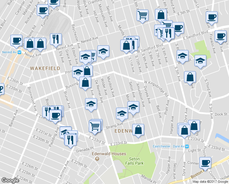 map of restaurants, bars, coffee shops, grocery stores, and more near 4118 Murdock Avenue in Bronx