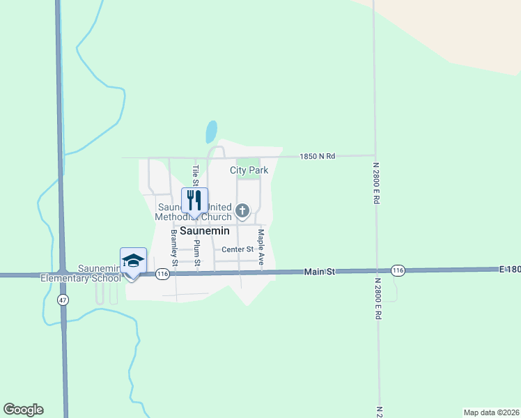 map of restaurants, bars, coffee shops, grocery stores, and more near 38 Maple Street in Saunemin