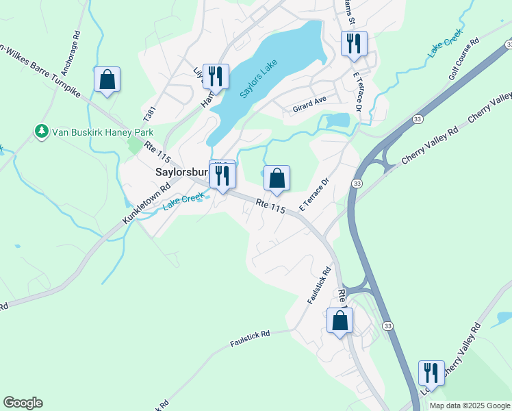 map of restaurants, bars, coffee shops, grocery stores, and more near 791 Route 115 in Saylorsburg