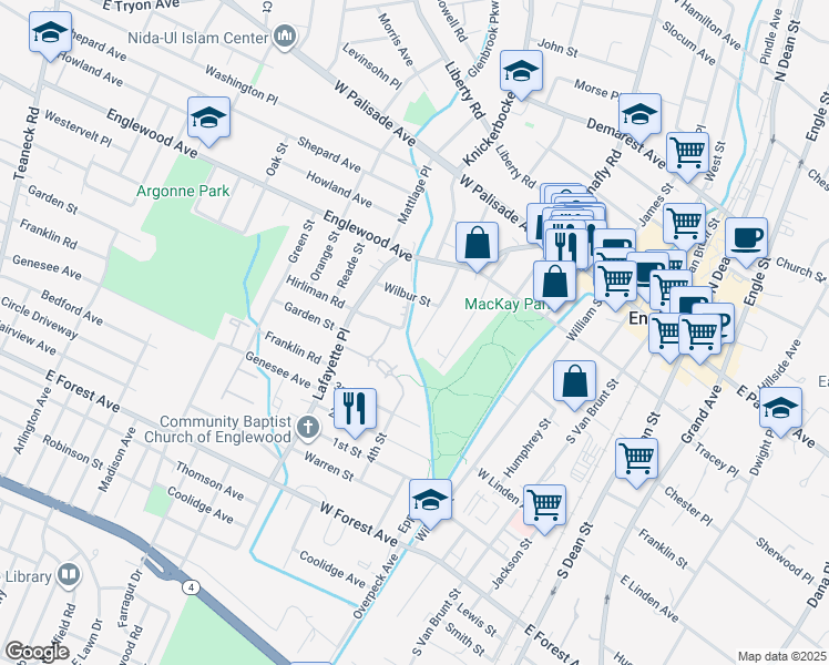 map of restaurants, bars, coffee shops, grocery stores, and more near 118 Park Avenue in Englewood