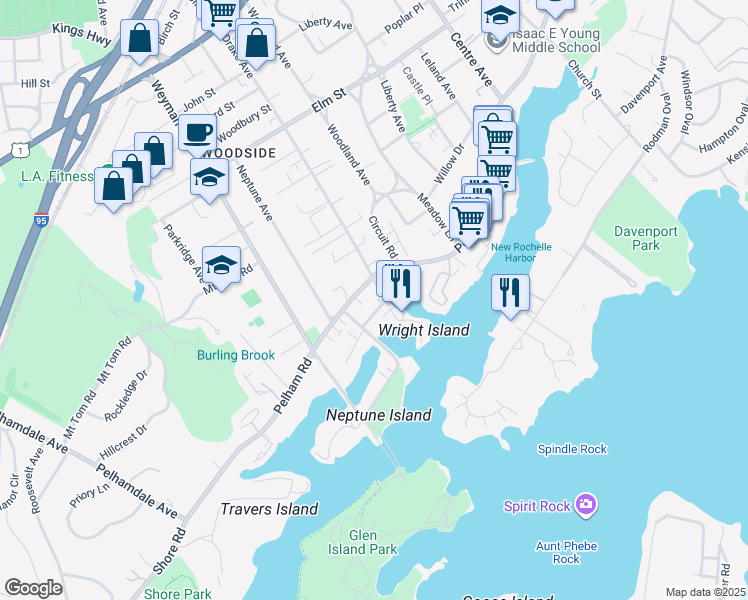 map of restaurants, bars, coffee shops, grocery stores, and more near 255 Drake Avenue in New Rochelle
