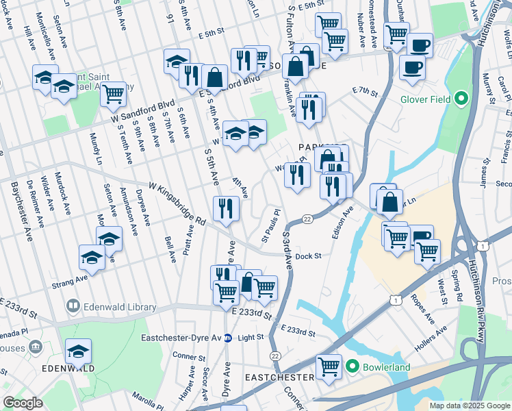 map of restaurants, bars, coffee shops, grocery stores, and more near 6 Wildwood Avenue in Mount Vernon
