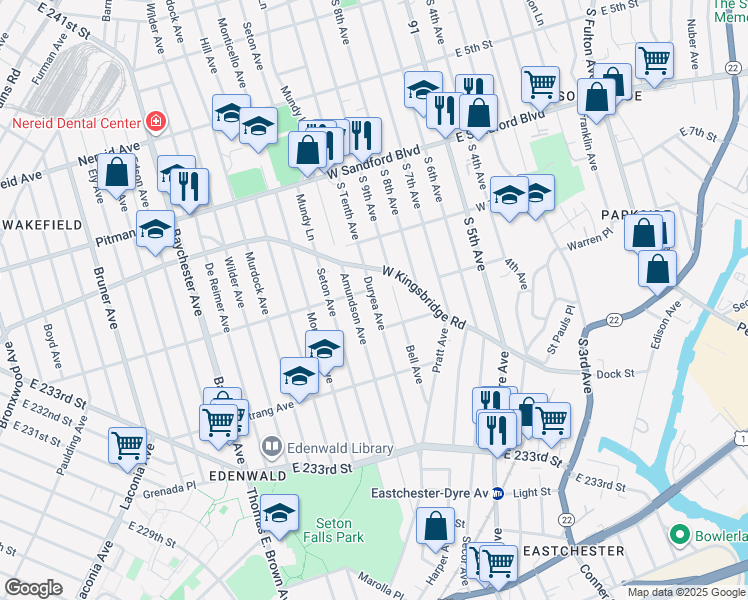 map of restaurants, bars, coffee shops, grocery stores, and more near 12 Bell Avenue in Mount Vernon