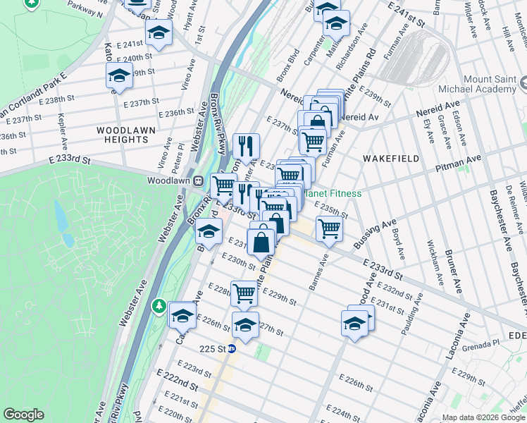 map of restaurants, bars, coffee shops, grocery stores, and more near 658 East 234th Street in The Bronx