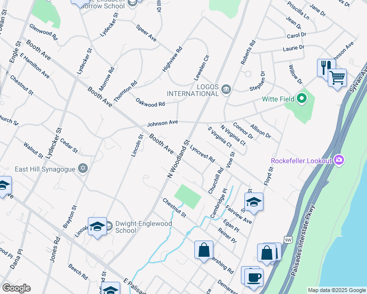 map of restaurants, bars, coffee shops, grocery stores, and more near 280 North Woodland Street in Englewood