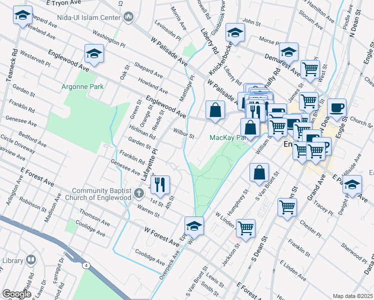 map of restaurants, bars, coffee shops, grocery stores, and more near 118 Park Avenue in Englewood