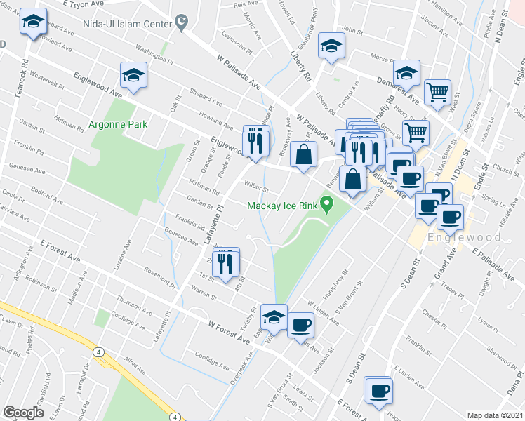 map of restaurants, bars, coffee shops, grocery stores, and more near 118 Park Avenue in Englewood