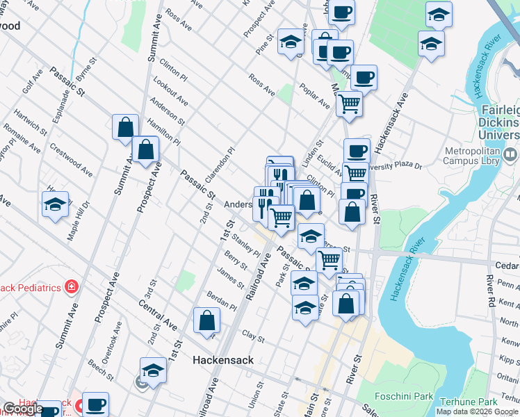 map of restaurants, bars, coffee shops, grocery stores, and more near 28 Vanderbeck Place in Hackensack