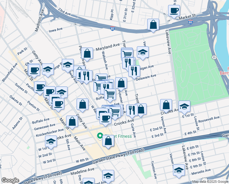 map of restaurants, bars, coffee shops, grocery stores, and more near 70 Potomac Avenue in Paterson