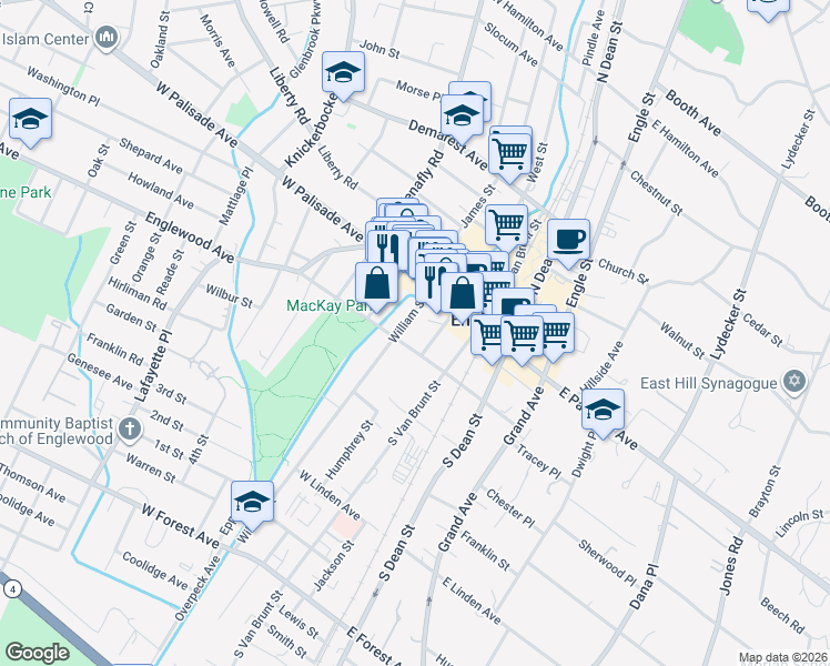 map of restaurants, bars, coffee shops, grocery stores, and more near 1 William Street in Englewood