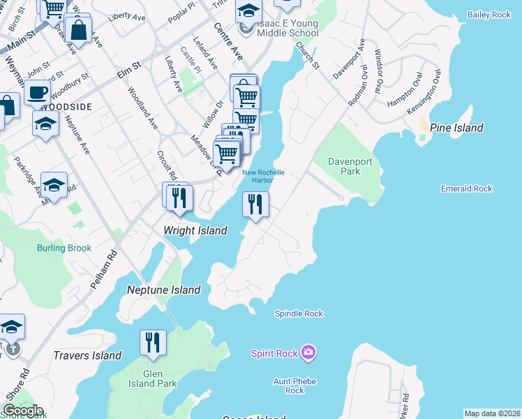 map of restaurants, bars, coffee shops, grocery stores, and more near 545D Davenport Avenue in New Rochelle