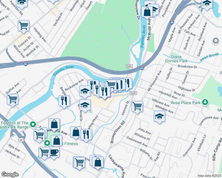 map of restaurants, bars, coffee shops, grocery stores, and more near 18 Bergen Boulevard in Woodland Park