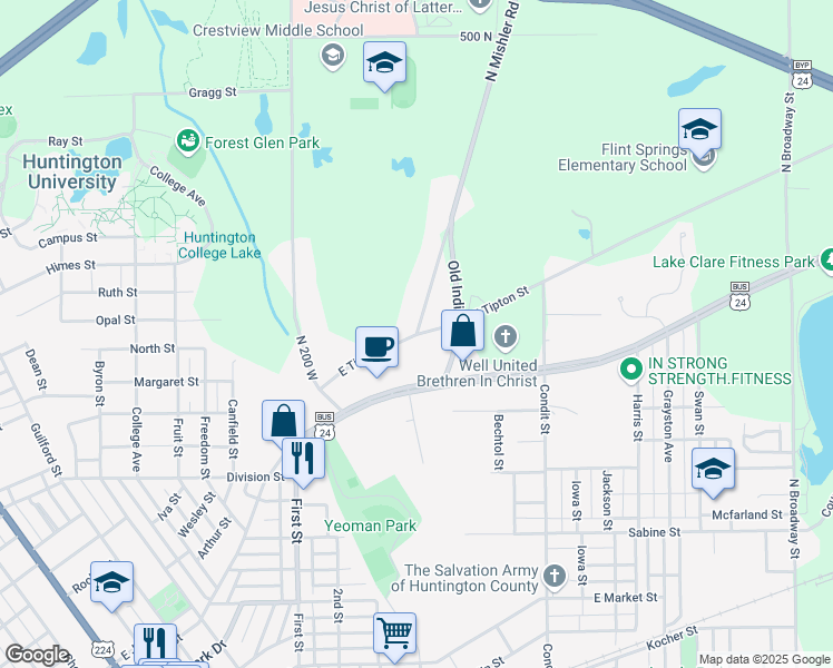 map of restaurants, bars, coffee shops, grocery stores, and more near 1360 East Tipton Street in Huntington