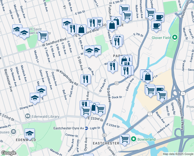 map of restaurants, bars, coffee shops, grocery stores, and more near 6 Wildwood Avenue in Mount Vernon