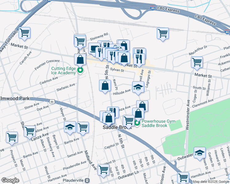 map of restaurants, bars, coffee shops, grocery stores, and more near 92 Kern Place in Saddle Brook