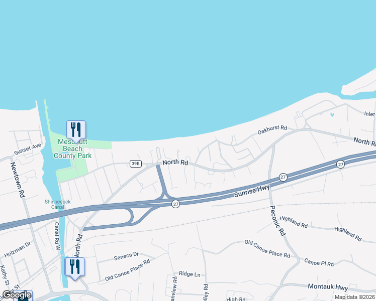 map of restaurants, bars, coffee shops, grocery stores, and more near 67 North Road in Hampton Bays