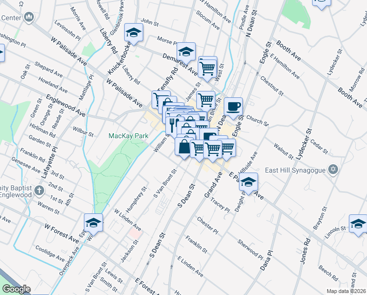 map of restaurants, bars, coffee shops, grocery stores, and more near 16 Humphrey Street in Englewood