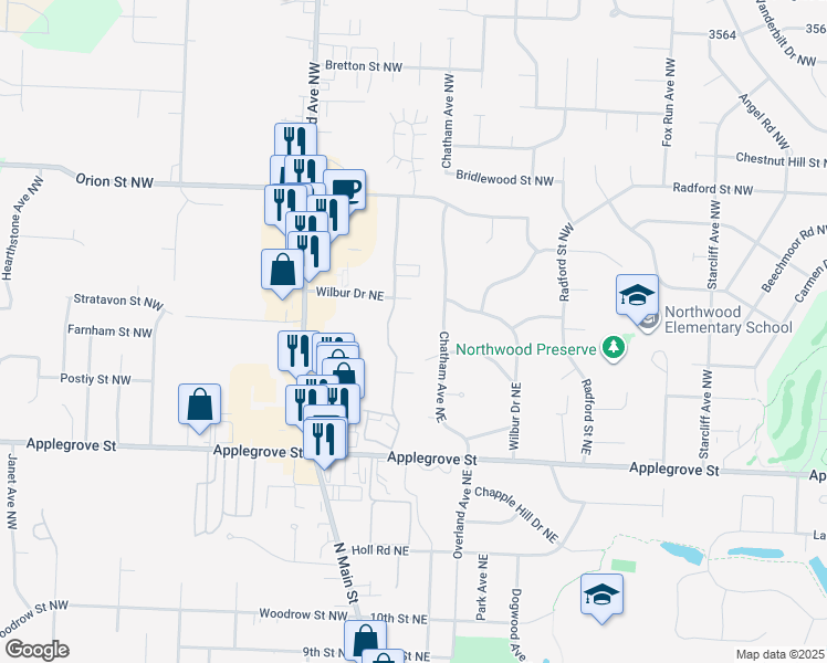map of restaurants, bars, coffee shops, grocery stores, and more near 181 Applegrove Street Northeast in North Canton
