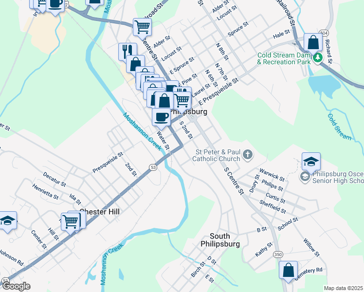 map of restaurants, bars, coffee shops, grocery stores, and more near South Front Street in Philipsburg
