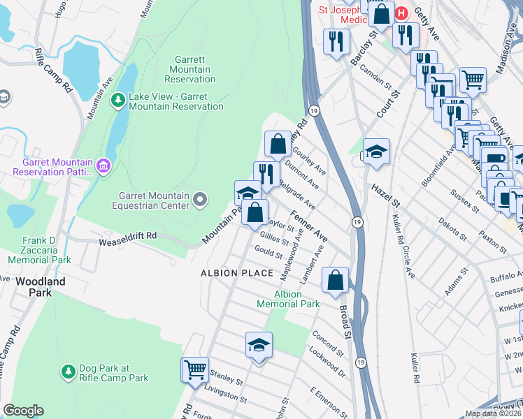map of restaurants, bars, coffee shops, grocery stores, and more near 107 Valley Road in Clifton