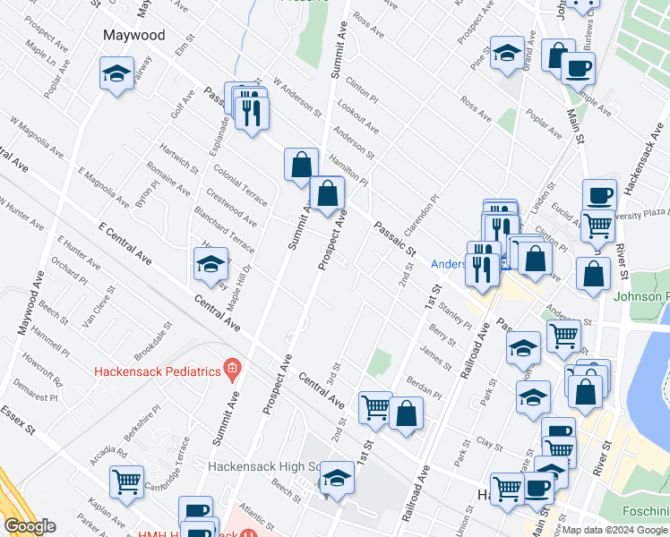 map of restaurants, bars, coffee shops, grocery stores, and more near 350 Prospect Avenue in Hackensack