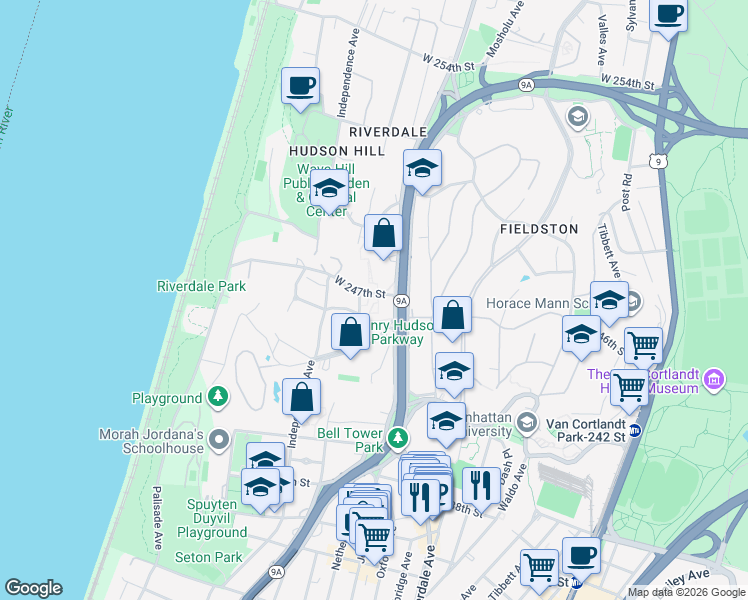 map of restaurants, bars, coffee shops, grocery stores, and more near 4601 Henry Hudson Parkway West in Bronx