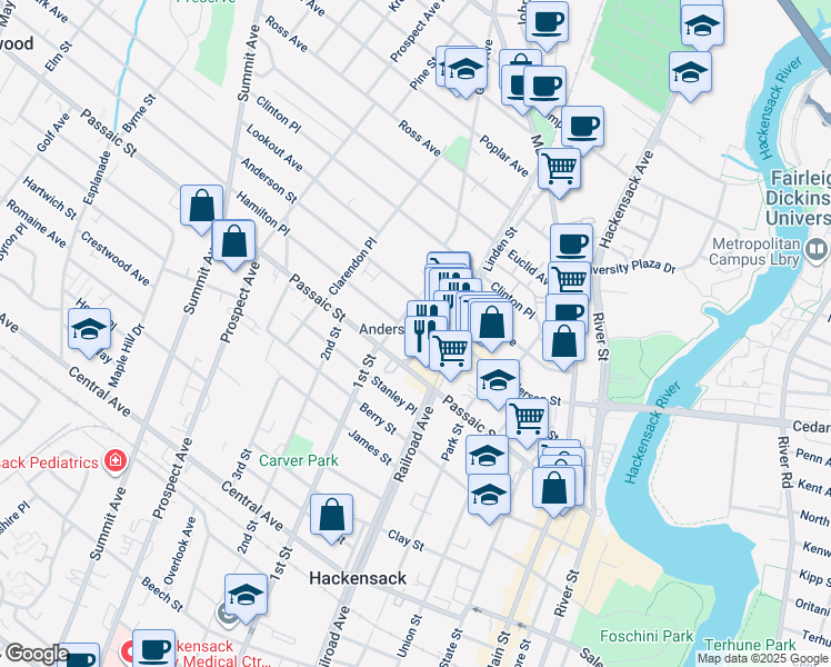 map of restaurants, bars, coffee shops, grocery stores, and more near 29 Linden Street in Hackensack