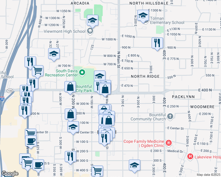 map of restaurants, bars, coffee shops, grocery stores, and more near 17 East 400 North in Bountiful