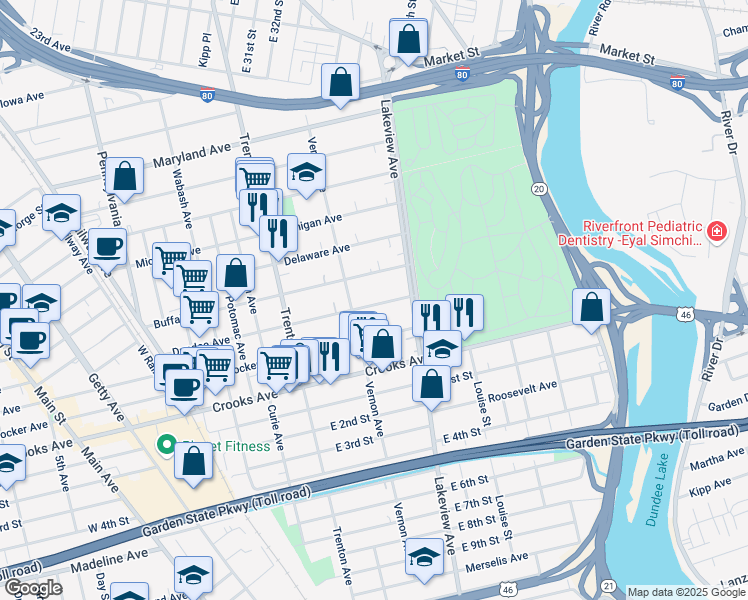 map of restaurants, bars, coffee shops, grocery stores, and more near 215 Dundee Avenue in Paterson