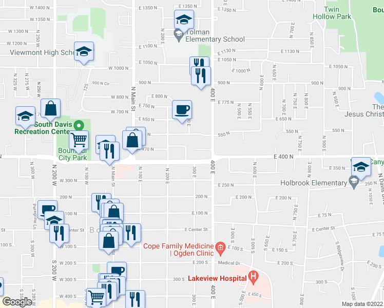 map of restaurants, bars, coffee shops, grocery stores, and more near 453 North 400 East in Bountiful