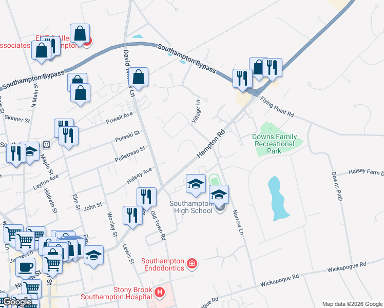 map of restaurants, bars, coffee shops, grocery stores, and more near 425 New York 27A in Southampton