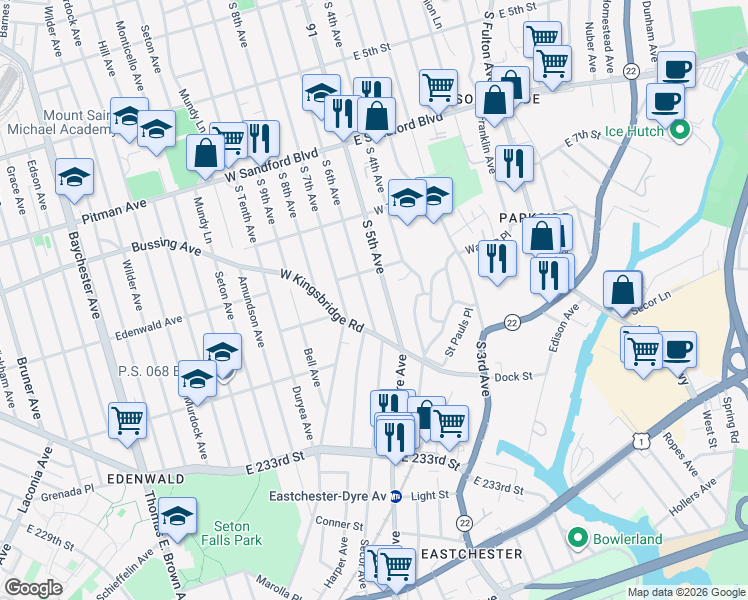 map of restaurants, bars, coffee shops, grocery stores, and more near 671 South 5th Avenue in Mount Vernon