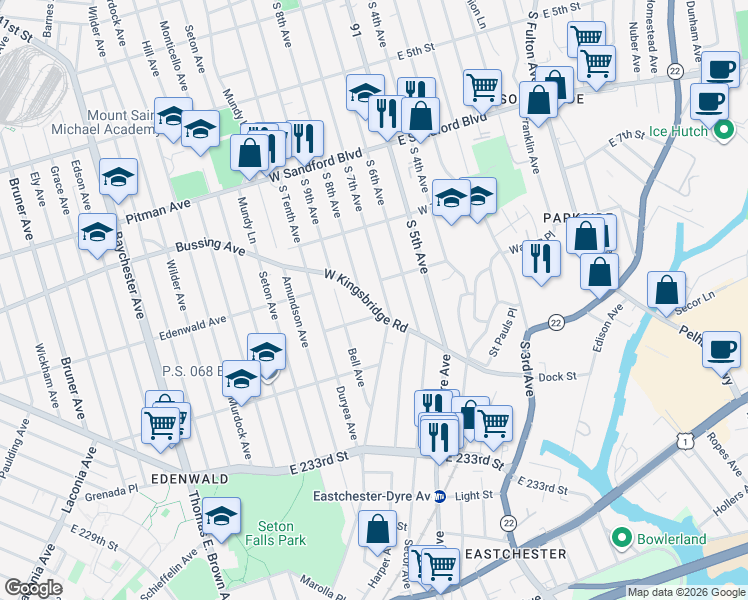 map of restaurants, bars, coffee shops, grocery stores, and more near 653 South 8th Avenue in Mount Vernon