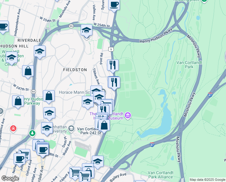 map of restaurants, bars, coffee shops, grocery stores, and more near 6141 Broadway in Bronx