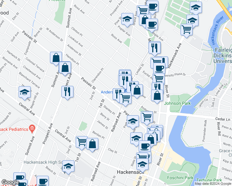 map of restaurants, bars, coffee shops, grocery stores, and more near 28 Vanderbeck Place in Hackensack