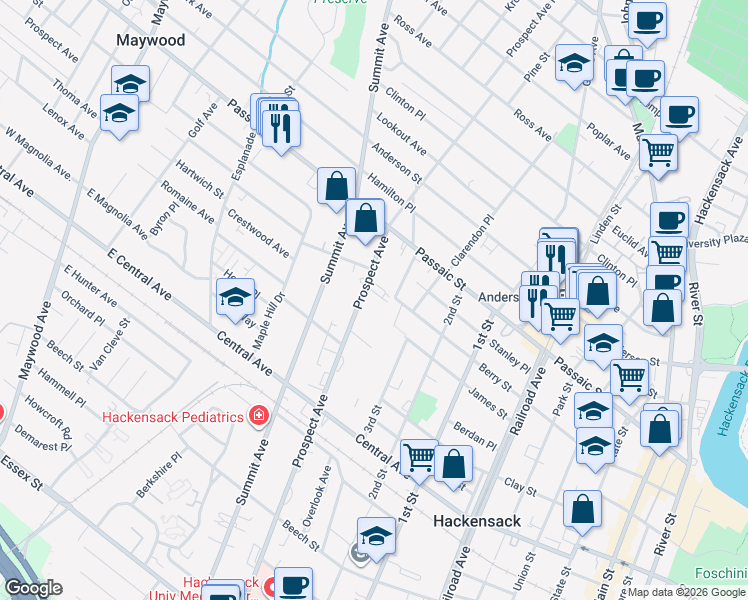 map of restaurants, bars, coffee shops, grocery stores, and more near 350 Prospect Avenue in Hackensack
