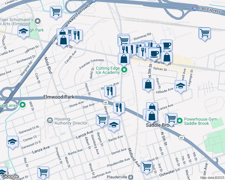 map of restaurants, bars, coffee shops, grocery stores, and more near 174 Stefanic Avenue in Elmwood Park