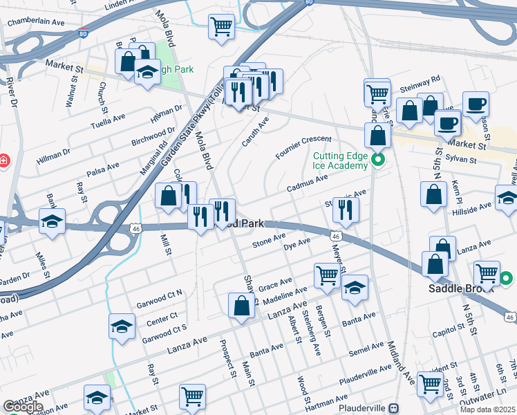 map of restaurants, bars, coffee shops, grocery stores, and more near 50 Cadmus Avenue in Elmwood Park