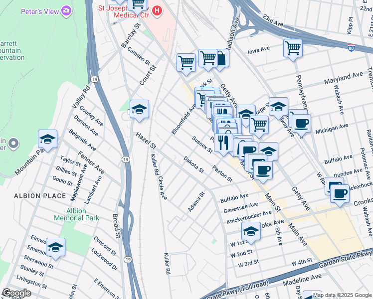map of restaurants, bars, coffee shops, grocery stores, and more near 309 Paxton Street in Paterson