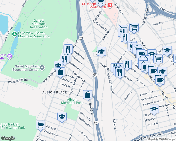 map of restaurants, bars, coffee shops, grocery stores, and more near 24 Dumont Avenue in Clifton