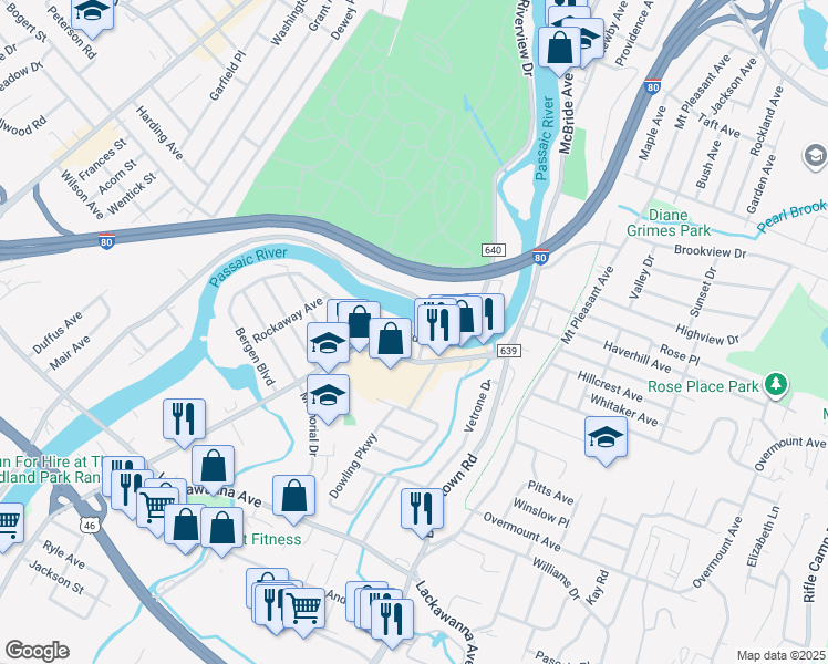 map of restaurants, bars, coffee shops, grocery stores, and more near 18 Bergen Boulevard in Woodland Park