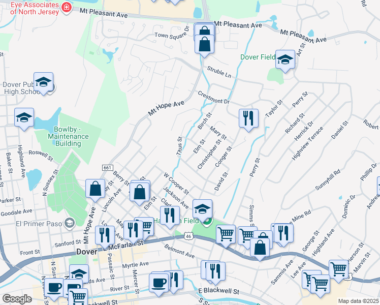 map of restaurants, bars, coffee shops, grocery stores, and more near 133 Elm Street in Dover